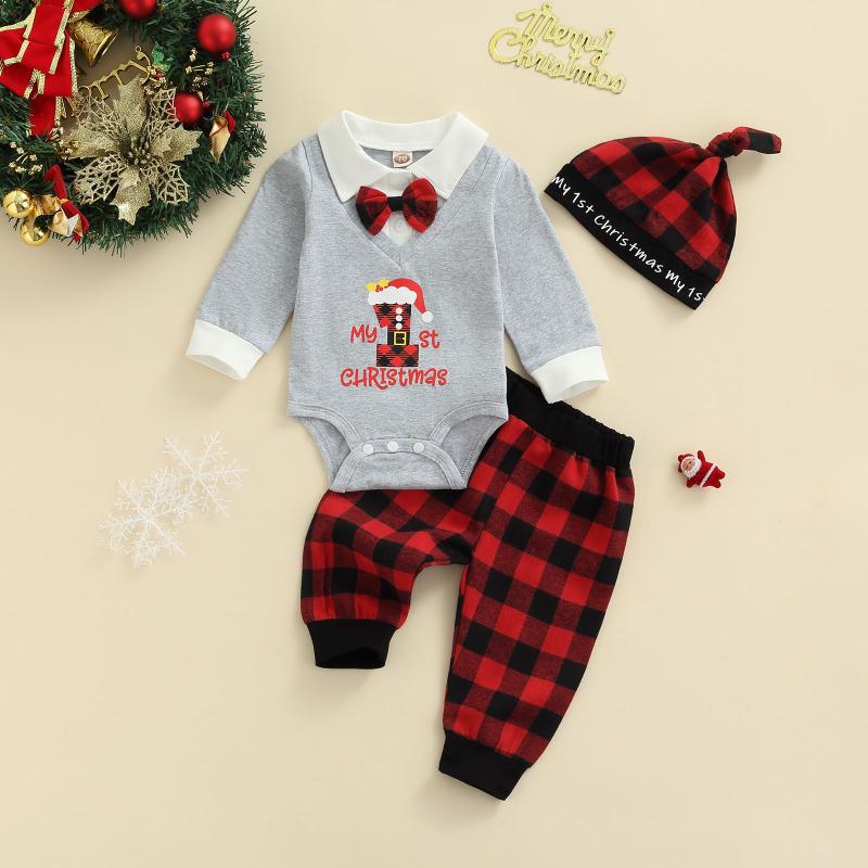 

Clothing Sets 3Pcs Baby's Letter Printed Long Sleeve Romper Plaid Trousers Hat Toddler Boys Spring Autumn Christmas 0-12 Months
