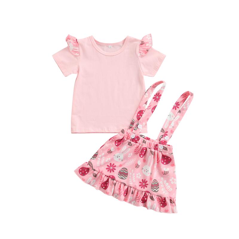 

Clothing Sets Pudcoco 2022 Kid Girl Outfits Suits Easter Costume Ruffle Decor Short Sleeve T-shirt + Cartoon Print Suspender Skirt, White