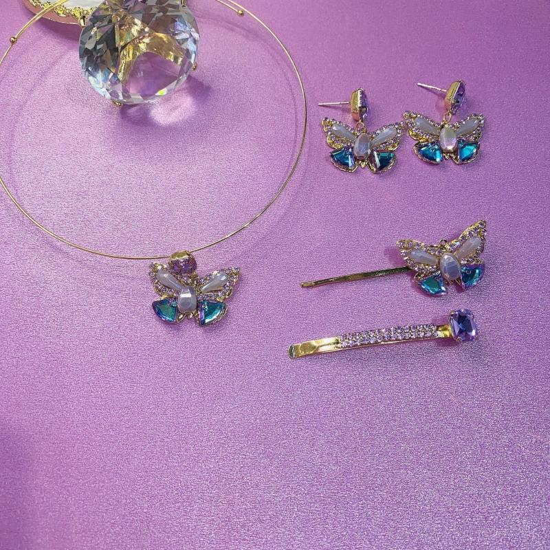 

Earrings & Necklace Vintage Purple Pink Elegant Rhinestone Butterfly Earring Hairpins Women Girls Hair Clips Pins Set Accessories, Silver