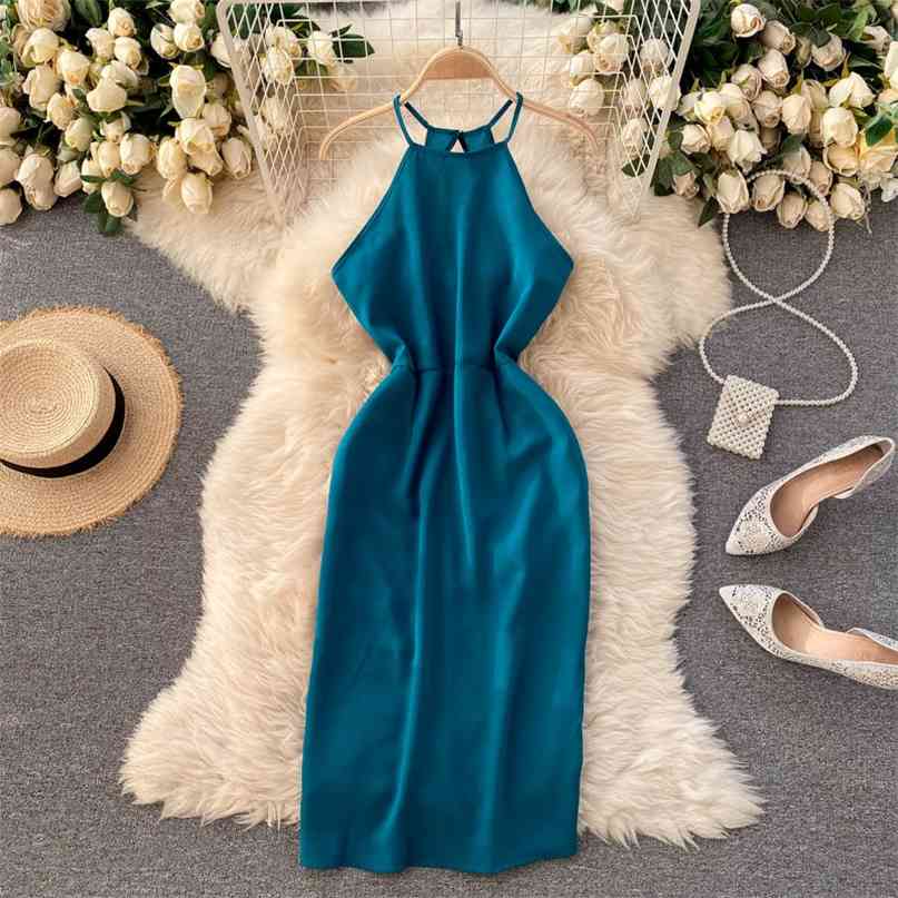 

Spaghetti Strap Sleeveless Slim Bodycon Dress Women Summer Fashion Party Solid Back Hole Night Out Club Vestidos 210603, Rose pink