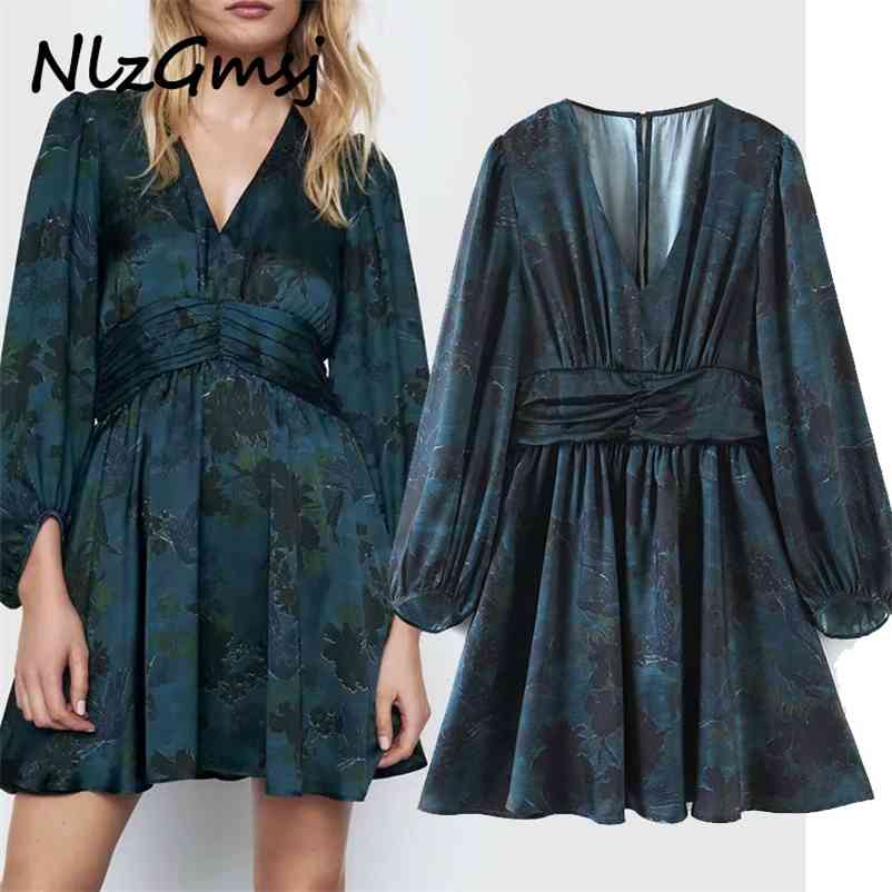 

Dres Summer Spring Long Sleeve es V neck Bow Neck Pleated Loose Knee Length Vestidos Floral Casual 210628, As picture