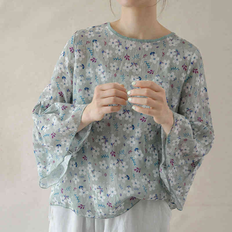 

Johnature Women Vintage Print Floral T-Shirts O-Neck Flare Sleeve Tops Summer Original Chinese Style Tees Female Tshirt 210521, Light green