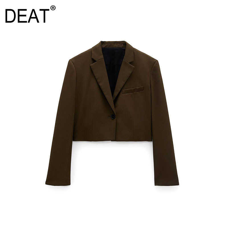 

[DEAT] Spring Autumn Fashion Coat Long Sleeve Solid Color Single Button V-neck Women Blazer High Quality 13U688 210527, Coffee color