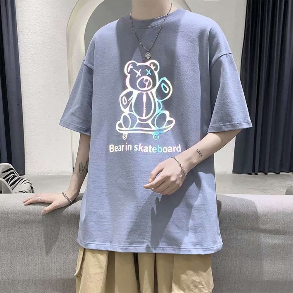 

polo shirt 2021 summer reflective short sleeve t-shirt men's skateboard bear print Korean fashion pair top, White;black