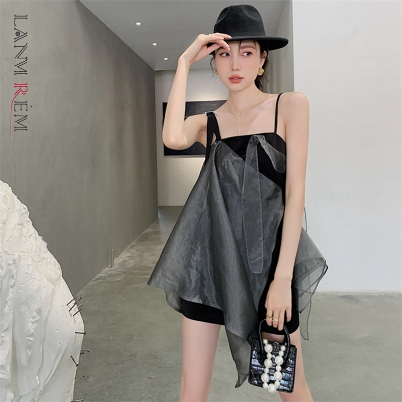 

Women Irregular Dress Organza Asymmetri Slash Neck Sleeveless Patchwork Temperament Loose Fit Fashion Summer 2H272 210526, Black