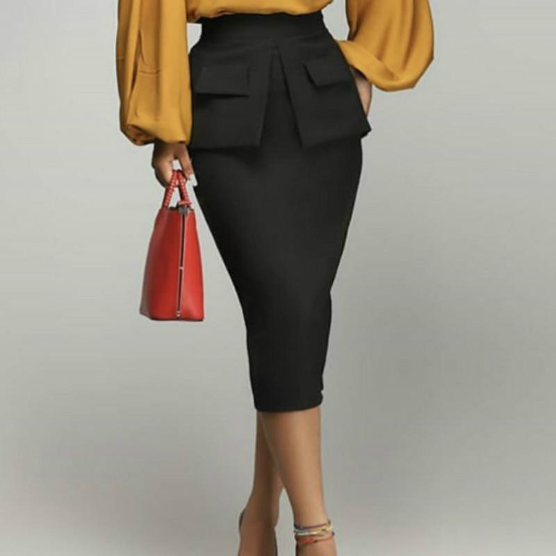 

Pencil High Waist Skinny Classy Womens Skirt Elegant Office Workwear Package Hip Fake Pockets Skirts Midi Autumn, Black
