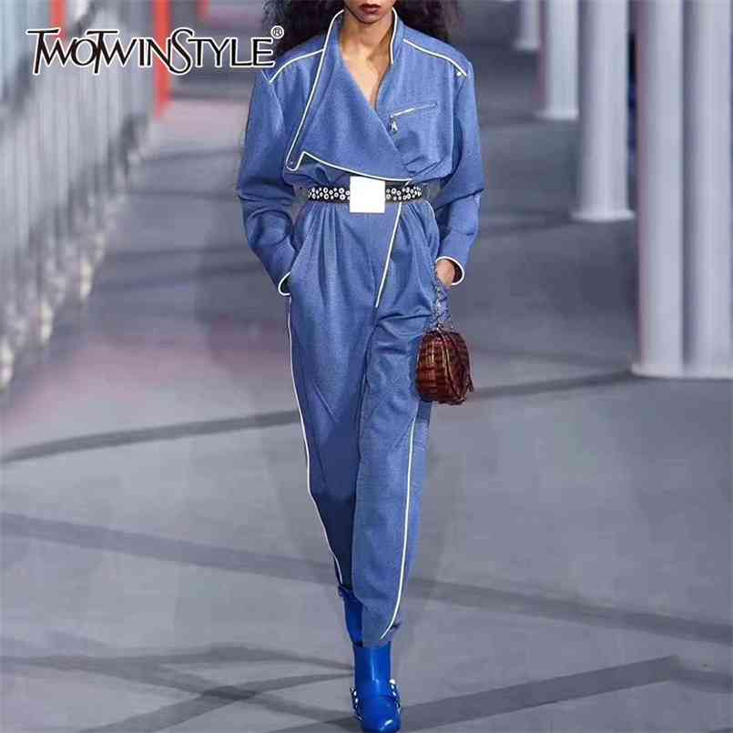 

Casual Asymmetrical Women' Jumpsuits Stand Collar Long Sleeve High Waist With Sashes Jumpsuit Female Fashion 210521, Black