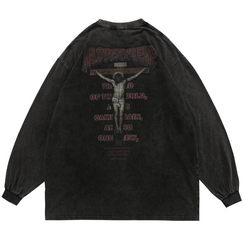 

Men' T-Shirts LACIBLE Hip Hop Oversize Streetwear Jesus Letter Graphic Washed T-Shirt Harajuku Cotton Men Long Sleeve Tees Vintage Pullover, Black
