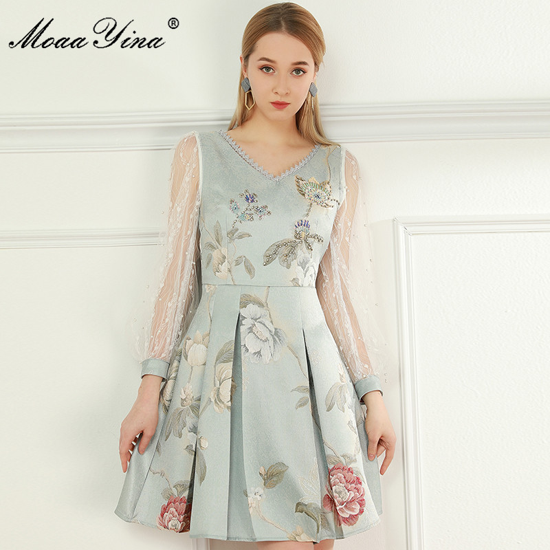 

Fashion Designer dress Summer Women's Dress V-neck Mesh Beaded Long sleeve Floral-Print Pleated Dresses 210524, Turquoise
