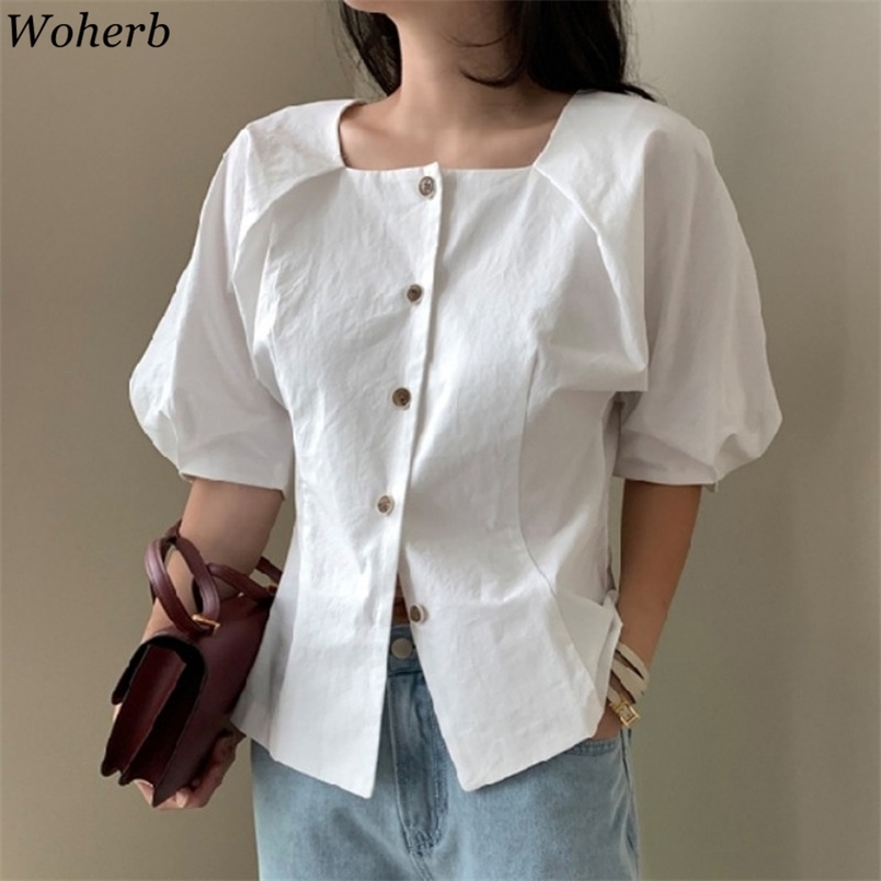 

Square Collar Loose Office Lady Shirts Stylish Short Puff Sleeve Girls Single-breasted Blusas Femme Casual OL Blouse 210519, Khaki