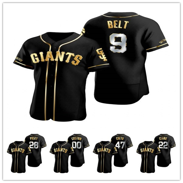 

Giants MEN 28 Buster Posey 22 Will Clark 9 Brandon Belt San Francisco Black Golden Edition Authentic baseball Jersey