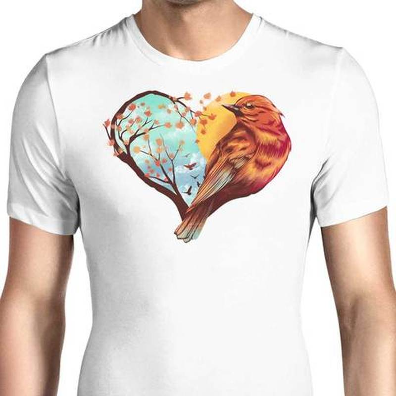 

European-style love bird pattern ins wind round neck short-sleeved T-shirt for men and women, comfortable and loose, White;black