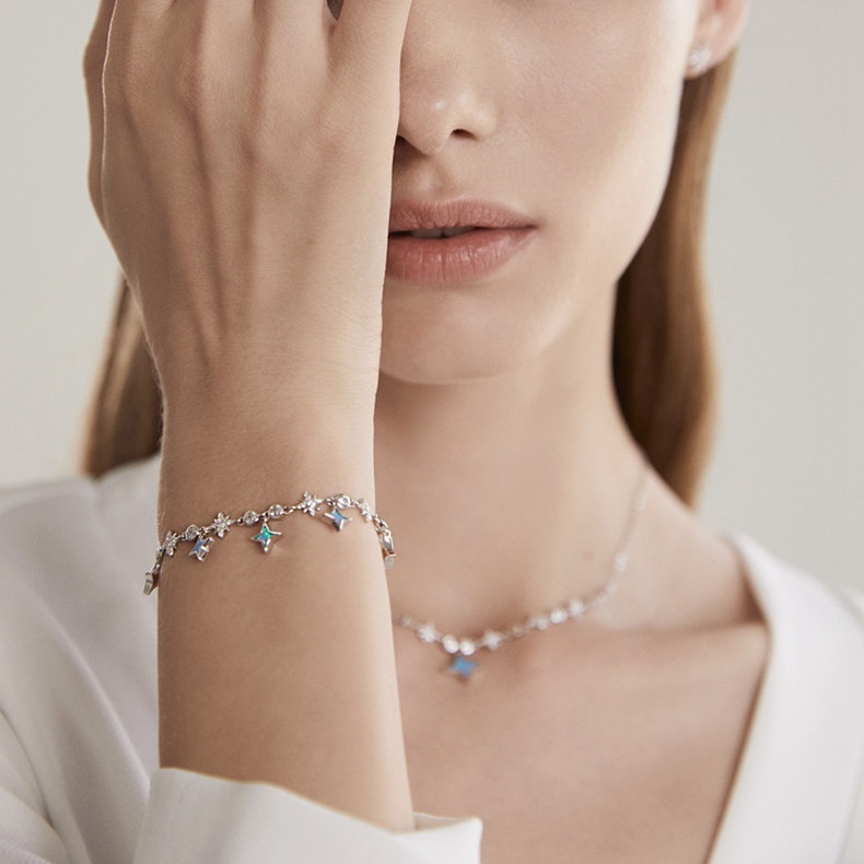 Blue Opal Dreaming Star Bracelet Womens Fashion High Sense Platinum Plated Star Love Bracelets, Suitable for Anniversary and Christmas Gifts-image-744614450