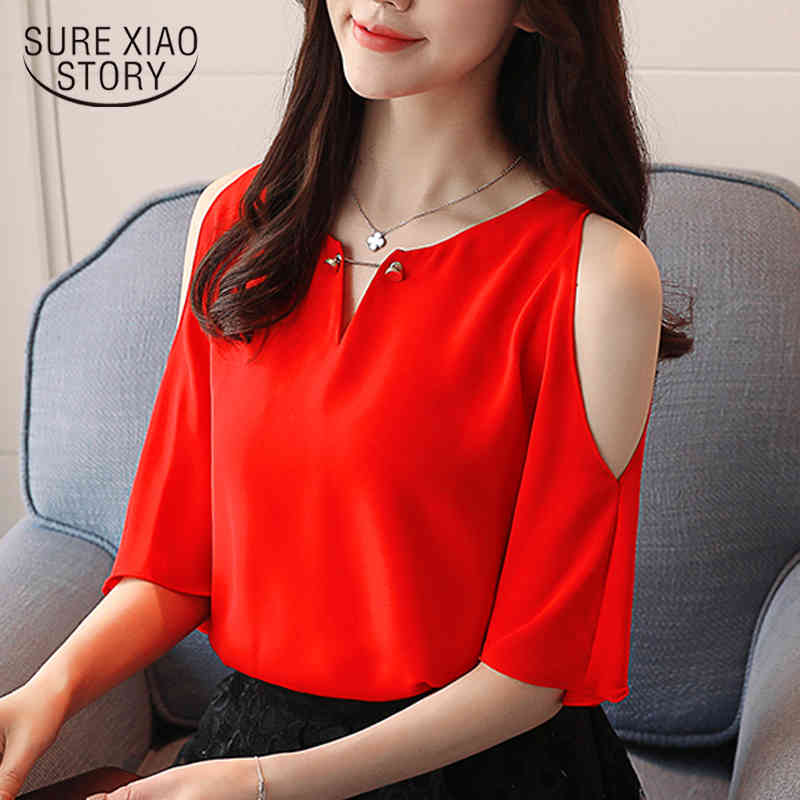 

summer fashion short sleeved blouses chiffon shirts solid elegant women clothing casual hole tops D616 30 210521, Red