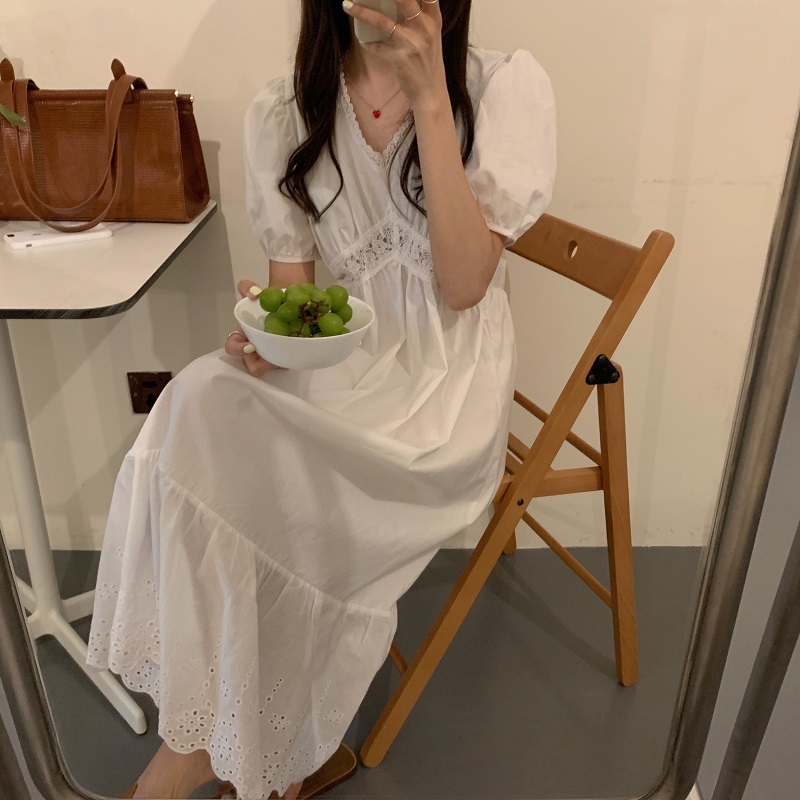 

2020 New Summer Crochet White Dress Korean Style Elegant Lace V-neck Hollow Out Puff Sleeve Long Dresses Vestidos, Black;gray