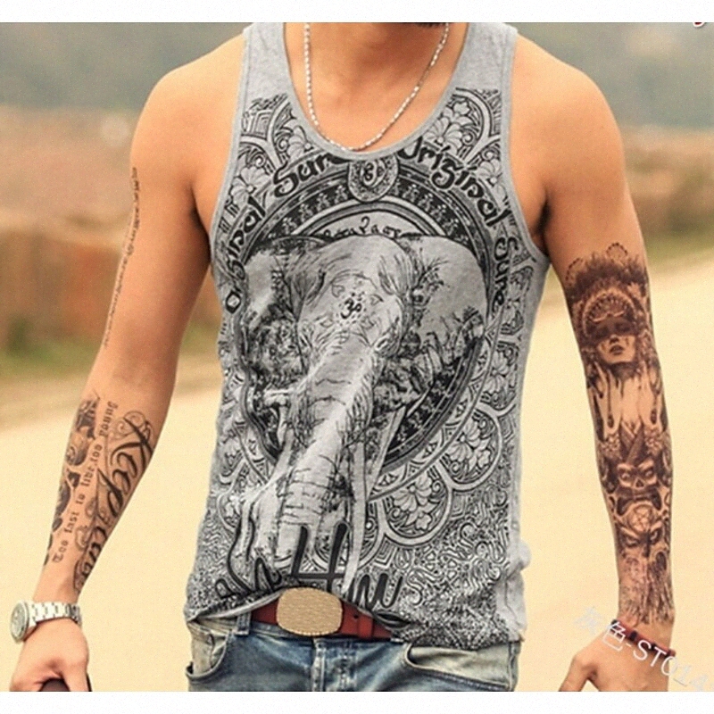 Men's Tank Top Vest Shirt Graphic Elephant Plus Size Round Neck Daily Sports Print Sleeveless Slim Tops Cotton Active Slim Fit Workout Blue