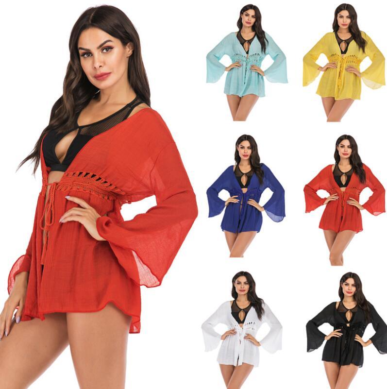 

Summer Pareo Beach Cover Up Women Tunics For Long Sleeve V Neck White Dress Wear Swimwear Vestidos Sarongs