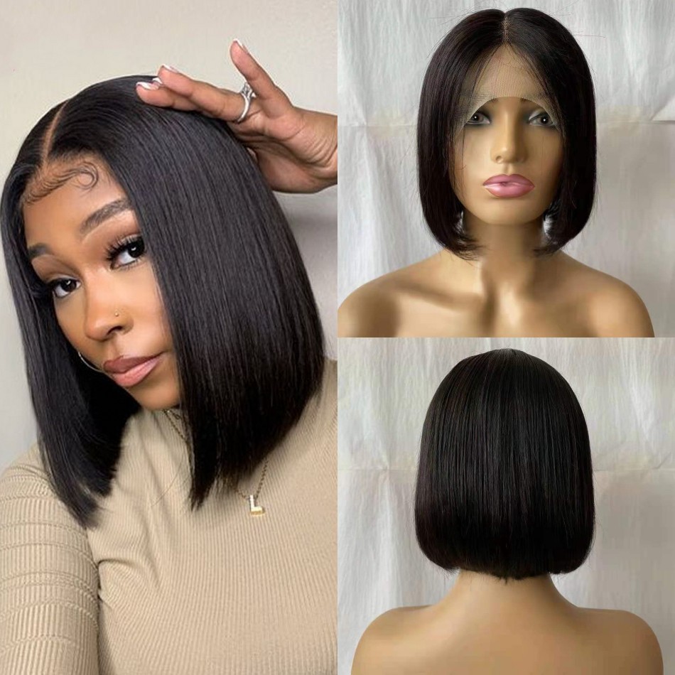 

Brazilian Human Hair T Part Bob Wig 13x4x1 Lace Middle Part Straight Short Wigs For Women, Natural color