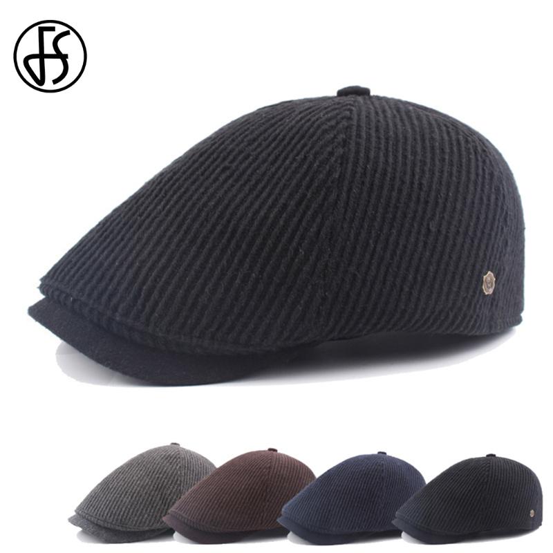 

Berets FS Autumn And Winter Fashion Striped Warm Flat Top Hat Mens Retro Beret Pure Cotton Female Monochrome Outdoor Casual Hats, Black
