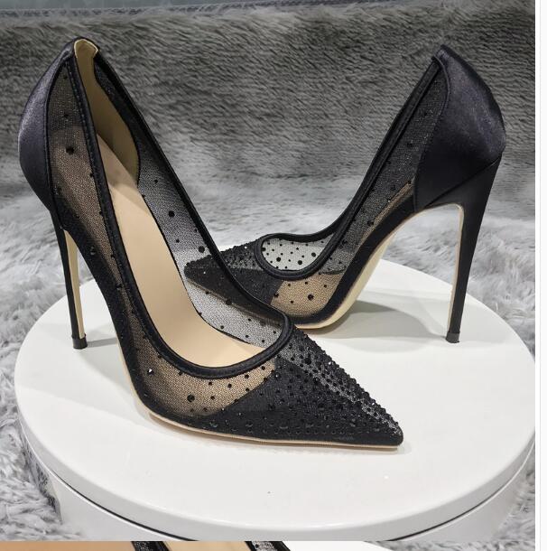 

2021 Recently listed Rhinestone Women Shoes Red Bottoms High Heels plus size 45 Sexy Pointed Toes 6cm 8cm 10cm 12cm Pumps Wedding Dress Shoe Black mesh white with logo, 20