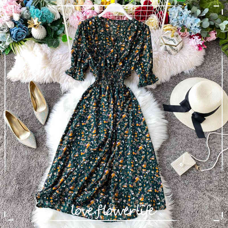 

Boho Vintage Floral Print Ruffled V Neck Midi Long Chiffon Dress Summer Elastic Waist Party Women Beach Holiday Dress 210521, Color 7