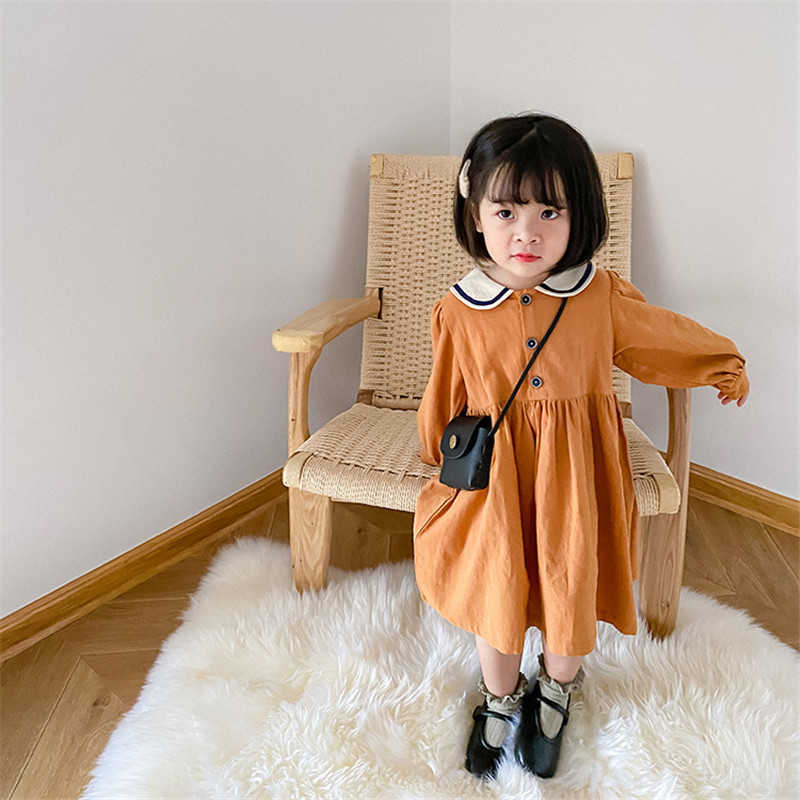 

Girls Cute Peter pan Collar Contrast Dress washable cotton Long sleeve princess dresses Toddler Child dress Spring Autumn 210615, Pumpkin