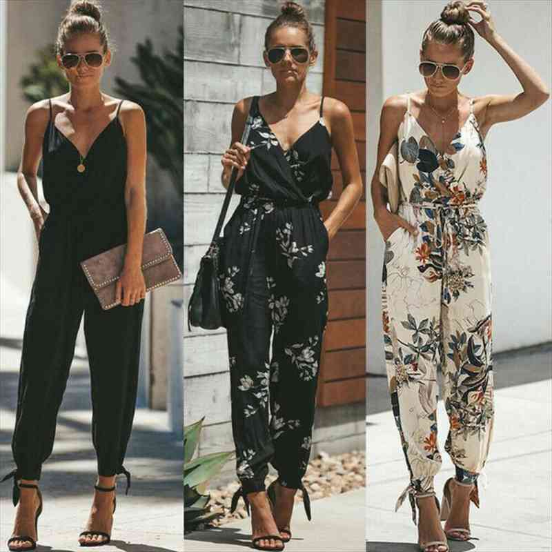 

fashion women cotton floral jumpsuit baggy trousers overalls split pants casual v neck spaghetti strap jumpsuits, Black;white