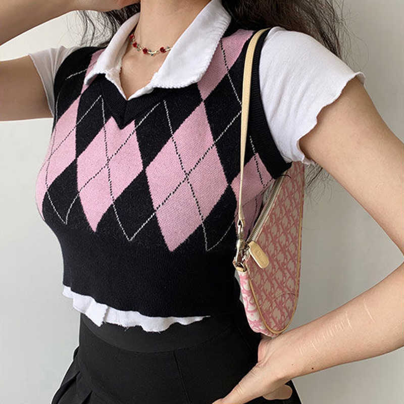 

Japanese rhombic knit T-shirt casual fashion JK kawaii college tees self-cultivation sweet Ulzzang y2k sleeveless women clothing 210608, Gray