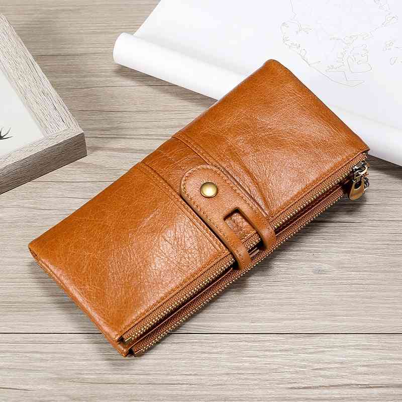 

Leather lady's purse long RFID anti theft head leather multi function men's leisure hand bag, Red