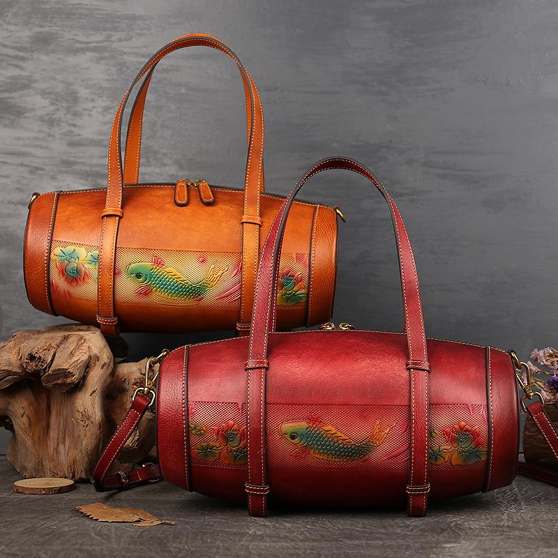 

Evening Bags 2021 Leather Women's Bag Koi Embossed Head Portable Wine Bucket