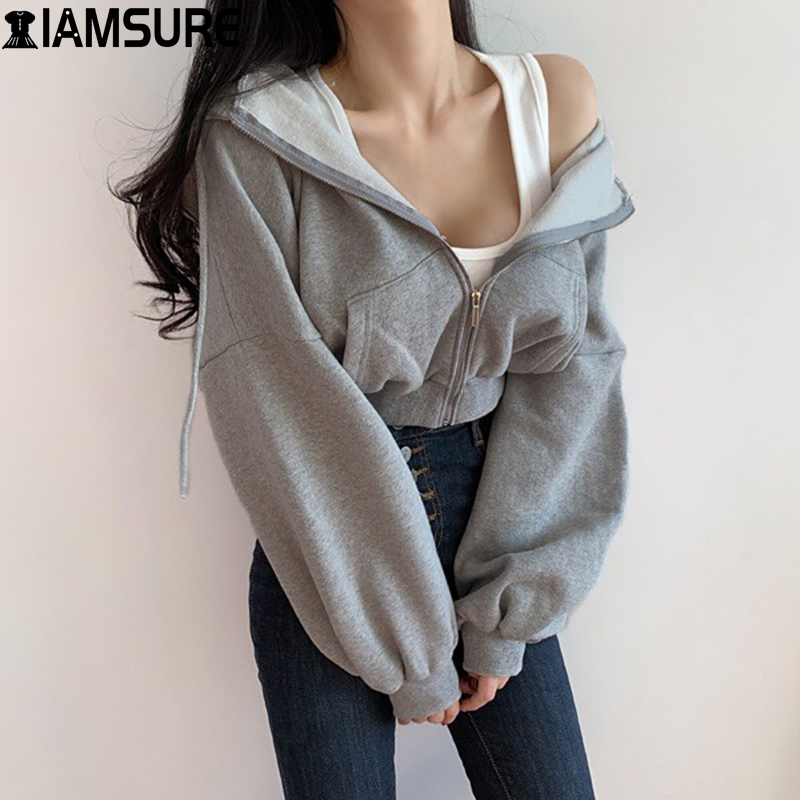 

iamsure short hoodies women solid sweatshirt tracksuit long sleeve female crop 2021 fashion korean clothing harajuku, Black