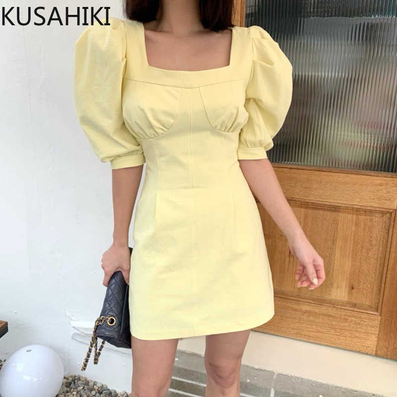 

Chic Square Collar Puff Sleeve Women Dress Korean Slim Waist Elegant Vestidos Femme Summer Solid Dresses 6G307 210603, White