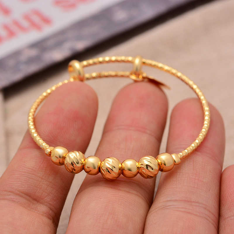 24K Gold 2pcs/lot Small Bangle For Girls Baby Charm Beads Bracelet Small Bell 