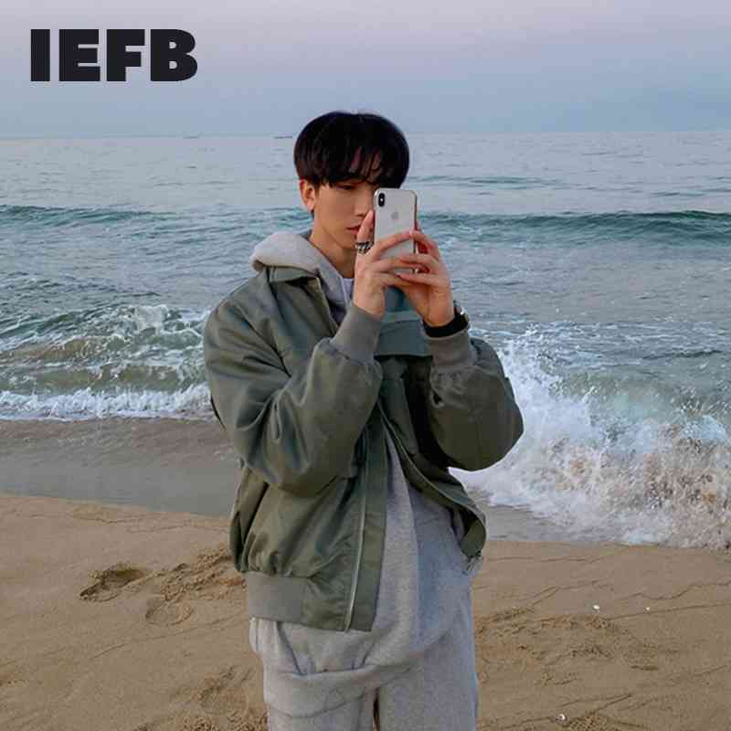 

IEFB Spring Short Jacket Men's Korean Fashion Loose Multi Pocket Workwear Zipper Causal Coat Shiny Fabric Cloth 9Y5267 210524, Green