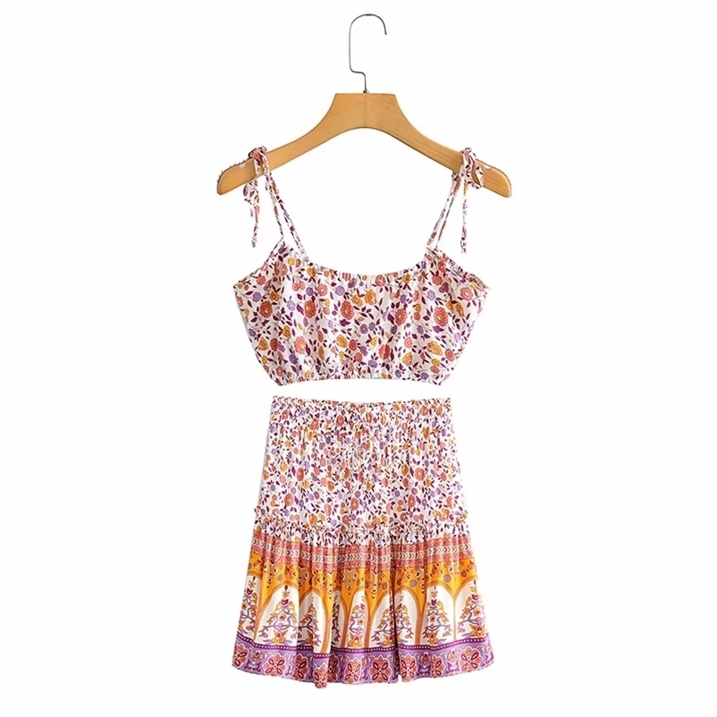 

Women Skirts suits set fashion printed tanks tops and elastic waist A-line pleated Summer sexy sets for girl 210524, Pink