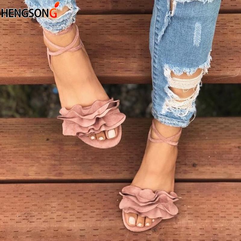 

Sandals Plus Size Women's Sandal Ruffles Shoes Woman Cross Bandage Summer Flats Lace-up Ankle Strap Sandalias Mujer, Black