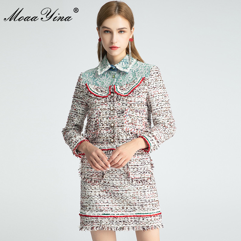 

Fashion Designer Set Autumn Women Long Sleeve Beaded Pearl Buttons Jacket coat Tops+Skirt Woolen cloth Two-piece suit 210524, Multi