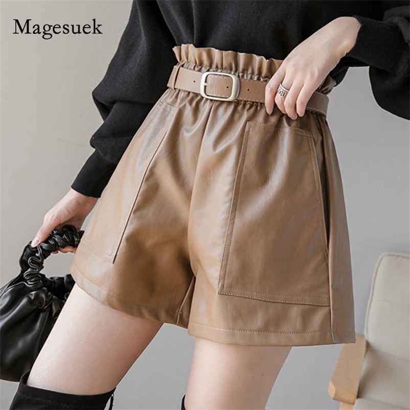 

PU Leather Shorts Women Solid Color High Waist Wide Leg Pants Autumn and Winter Waistband Fashion Black Female 11091 210518, Khaki