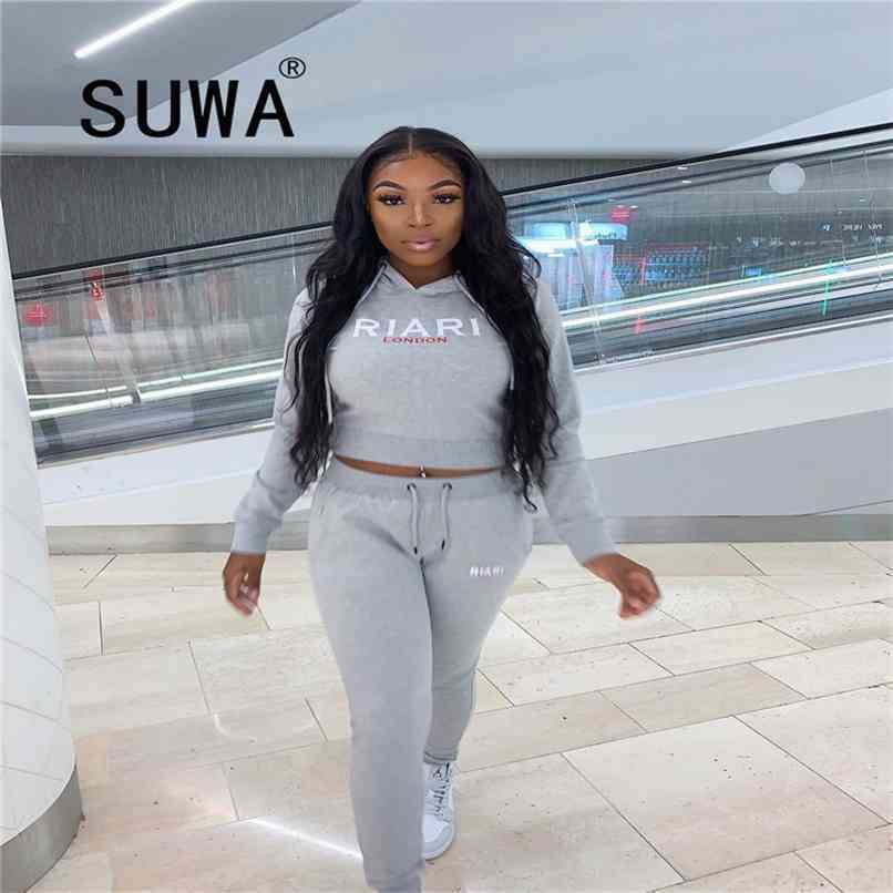 

Recommend Style Gray Track Suit Women Two Piece Outfits Letter Printed Hoodies Sweatshirt Jogger Leggings Matching Sets 210525