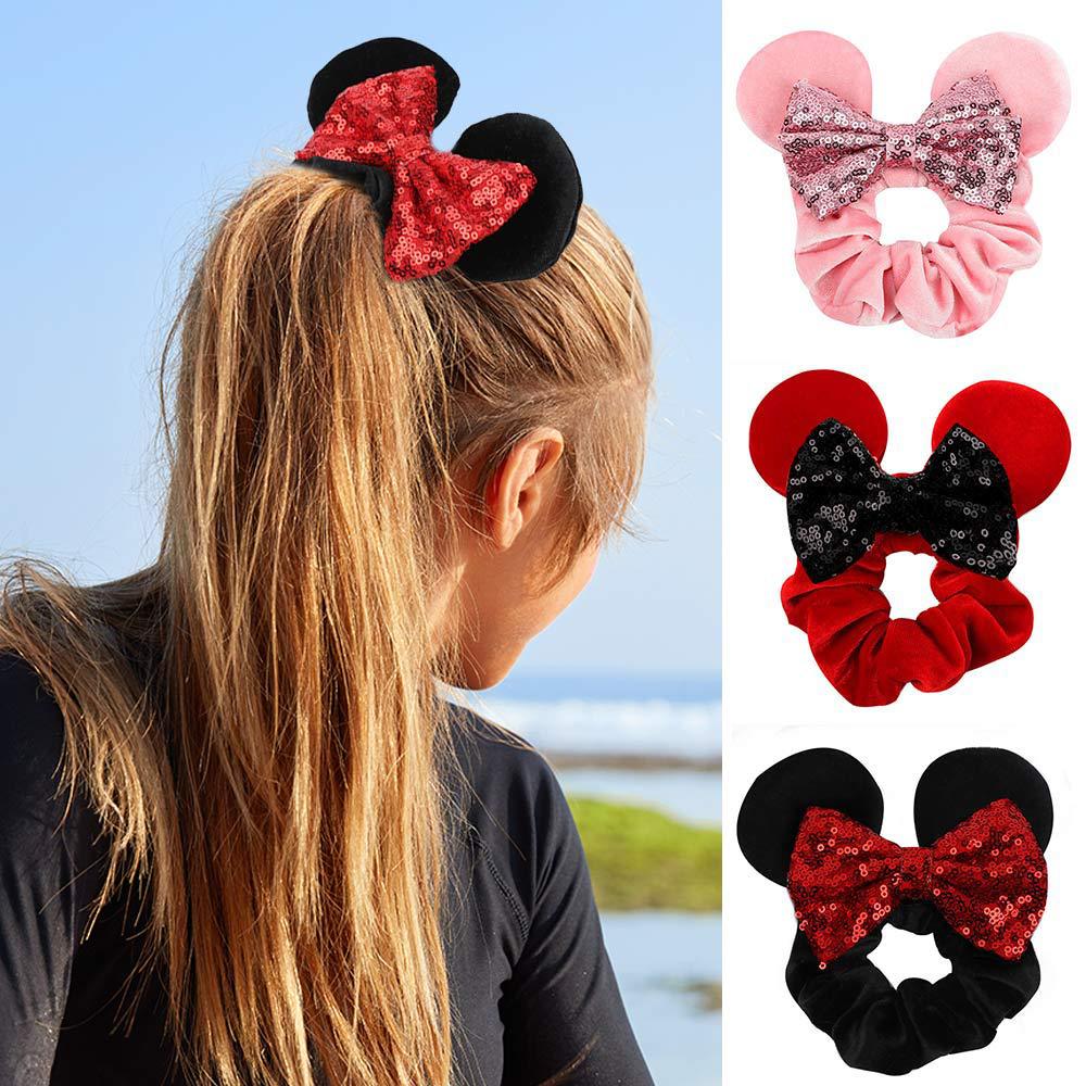 

Mouse Ears Scrunchies headband hair accessories Sequin HairBand Velvet HairBows Hair Tie Ponytail Holder for Women Girls, Slivery;white