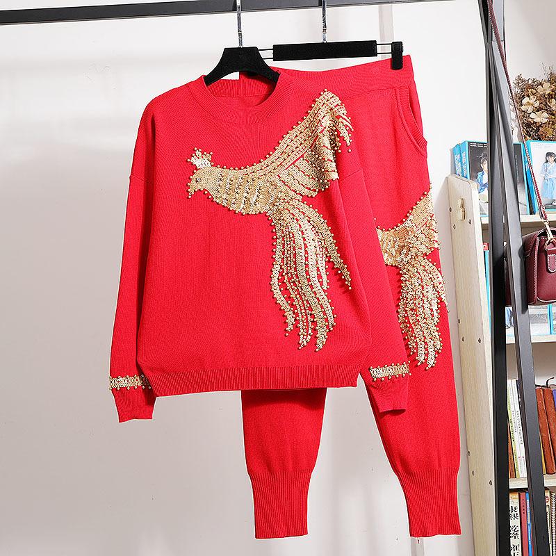 

Women' Two Piece Pants Red White Black Beading Sequins Phoenix Knitted Set Women Tracksuits Loose Pullover Sweater Outfits Female Knit Suit