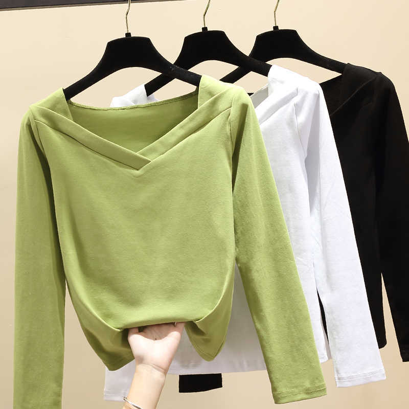 

Make avocado green v-neck female T-shirt cultivate one' morality show thin matcha green top brim long sleeve blouse 210604, White