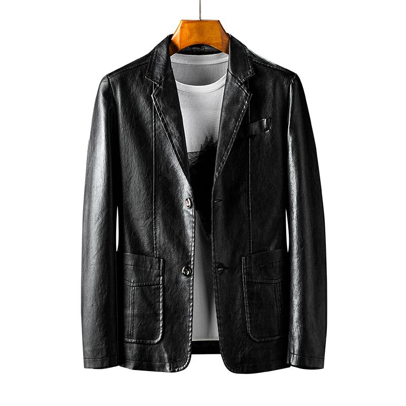 

Men's Fur & Faux 2021 Casual Leather Jacket Men Fashion Slim Lapel Solid Color Single Breasted Mens, Black