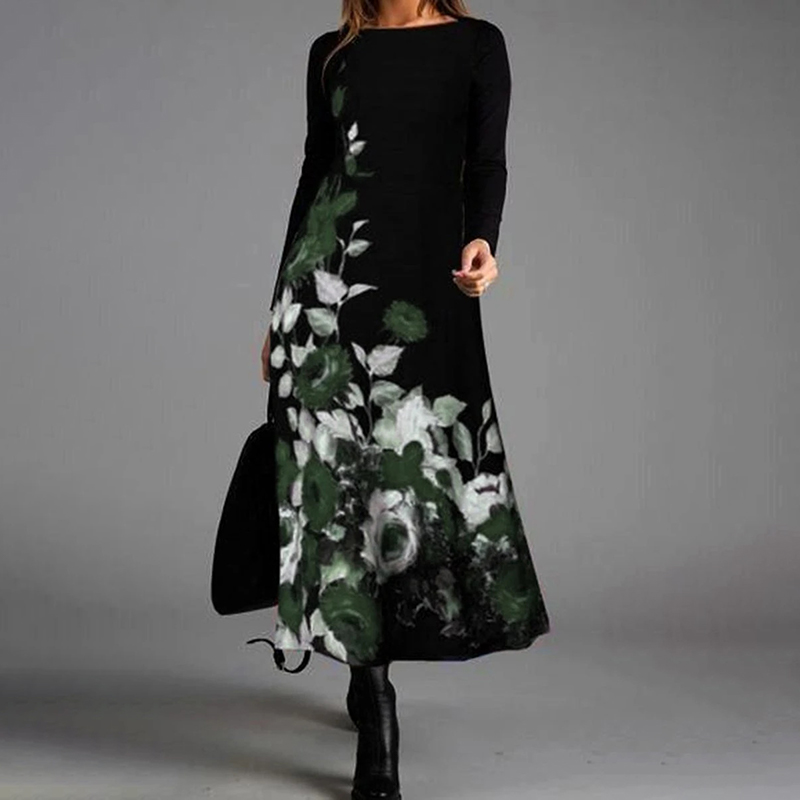 

Casual Dress for Women Vintage Trendy Floral Print Dresses Long Sleeve O Neck Ladies Maxi Sundress Elegant Party Boho Retro Clothes, Cdy2012044-black