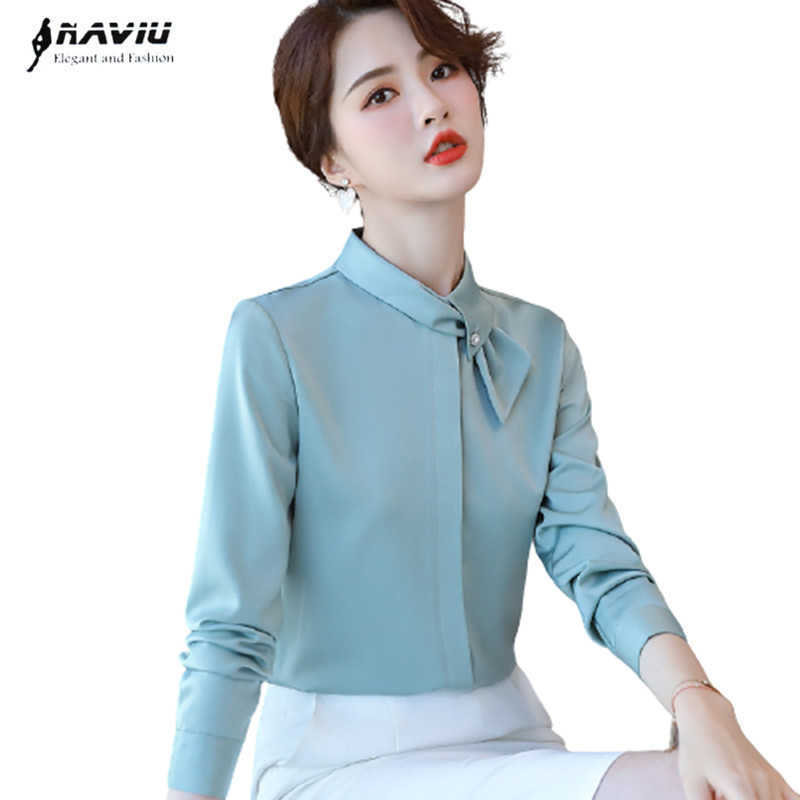 

Light Green Bow Shirt Women Long Sleeve Autumn Fashion Temperament Satin Blouses Office Ladies Formal Work Tops White 210604