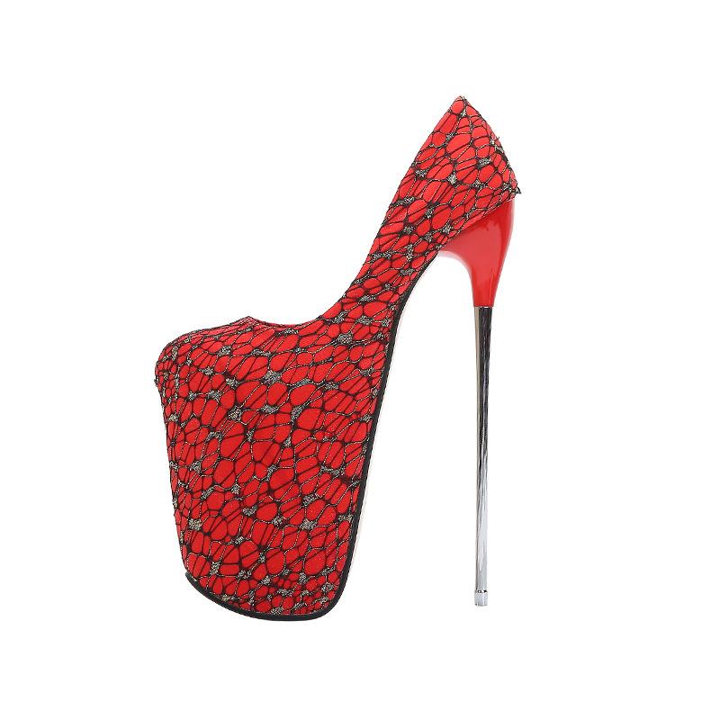 

Dress Shoes Spring 2021 Europe And America Cross Border 22cm Lace Green High Heels Metal Stiletto Plus Size 50 Women's, Red