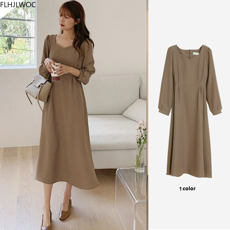 

Chic Korean Fashion Women Temperament Office Lady Elegant Work Basic Wear Solid Vintage Long Dress Fenimine Vestidos N502, Camel
