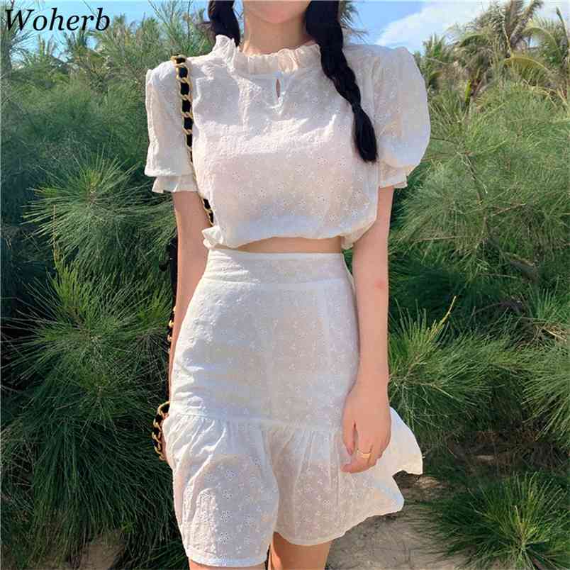 

Hollow Out Puff Sleeve Crop Top Blouse + High Waist Pencil Skirts Women Fits Two Peices Set Korean Chic Elegant Suit 210519, 2 set