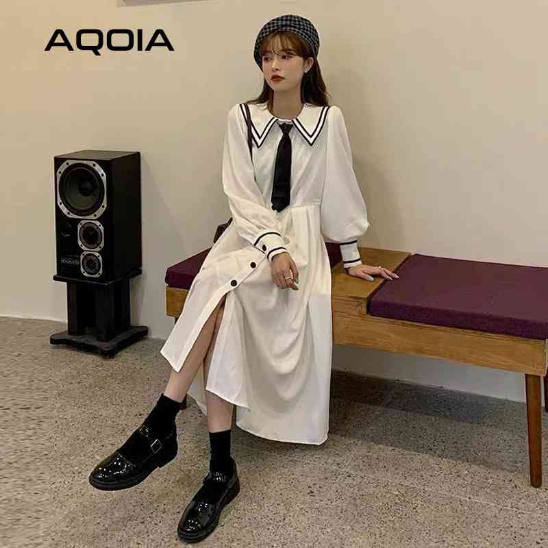 

Spring Fashion Japan JK Women Dress Sailor Collar Button Up Long White Sleeve Bow Empire Plus Size Ladies Robe 210521