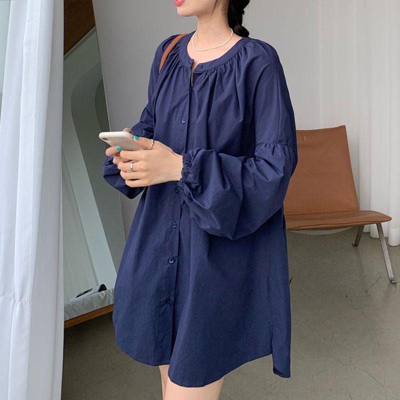 

Casual Dresses Retro Loose Round Neck Single-breasted Lantern Sleeve Dress Mini Solid Doll Vestido De Mujer Full Sweet Lady Shirts, Black;gray